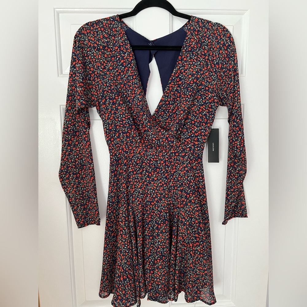 Lulu's Red and Blue Fit and Flare Long Sleeve romper